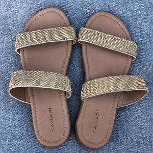 TAHARI Gold Crystal Embellished Slide Sandals